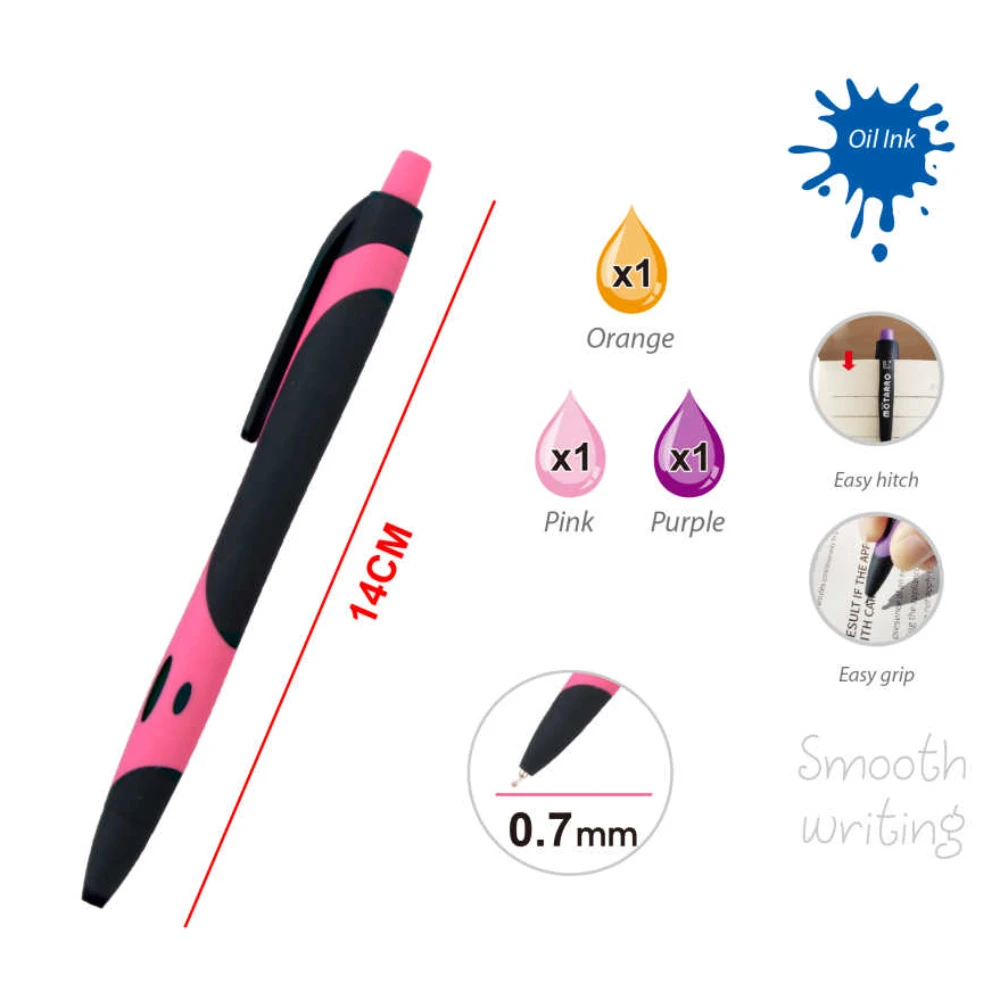 Mötarro 0.7mm közepes golyóstoll készlet - 3 db - Narancssárga, Rózsaszín, Lila