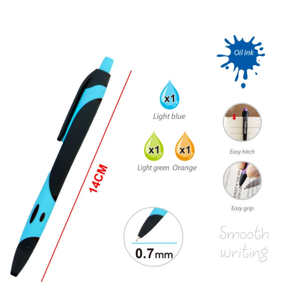 Mötarro 0.7mm Közepes Golyozó Toll Szett - 3 db (Világoskék, Zöld, Narancs)