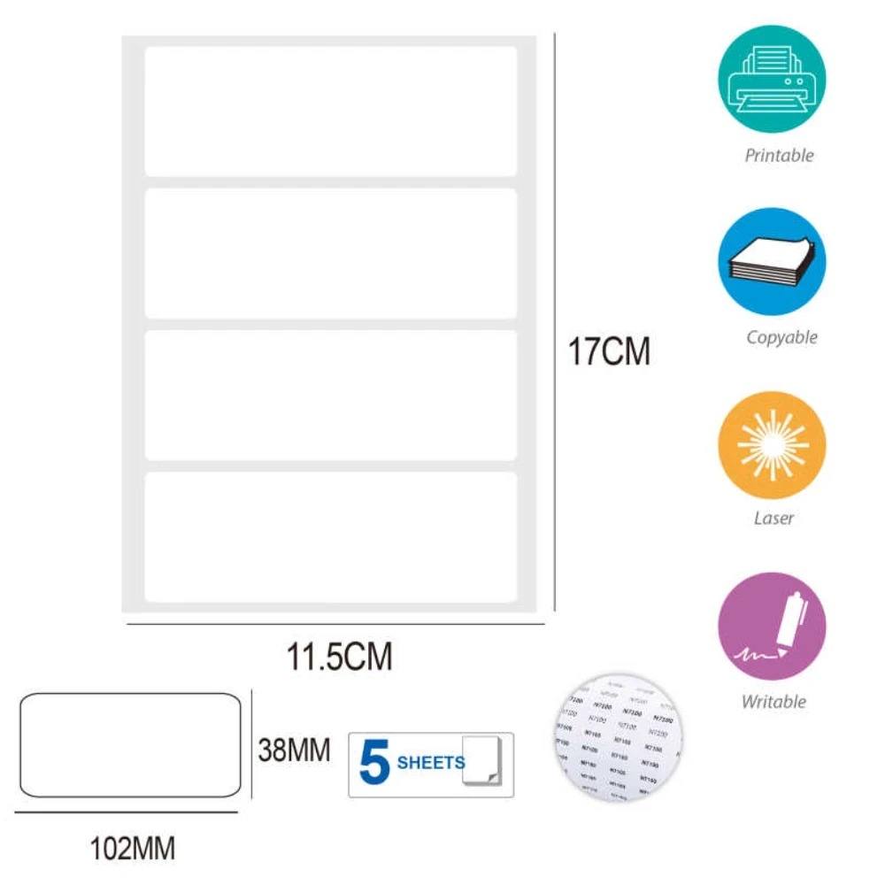 Öntapadós téglalap címke 38x102 mm, 5 lapos, nyomtatható és írható