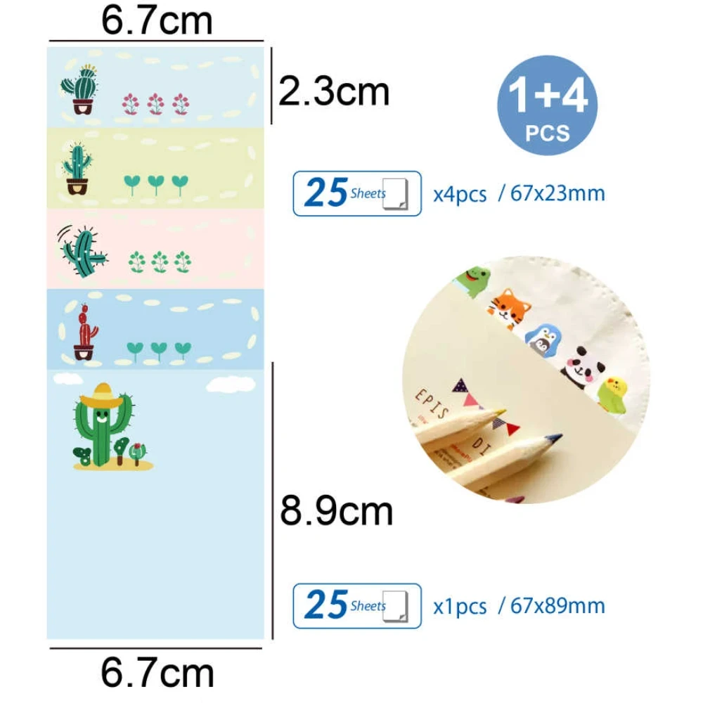 Kaktusz mintás öntapadós jegyzettömb szett, 4+1 lapos, 67×89 mm és 67×23 mm, 25 lap