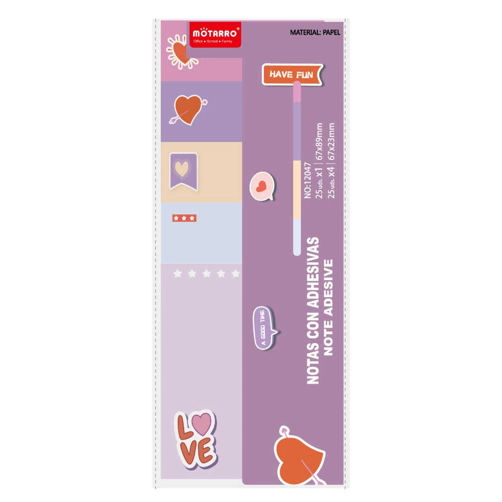 Szív mintás öntapadós jegyzettömb, 4+1 szett, 67x89 mm és 67x23 mm, 25 lap