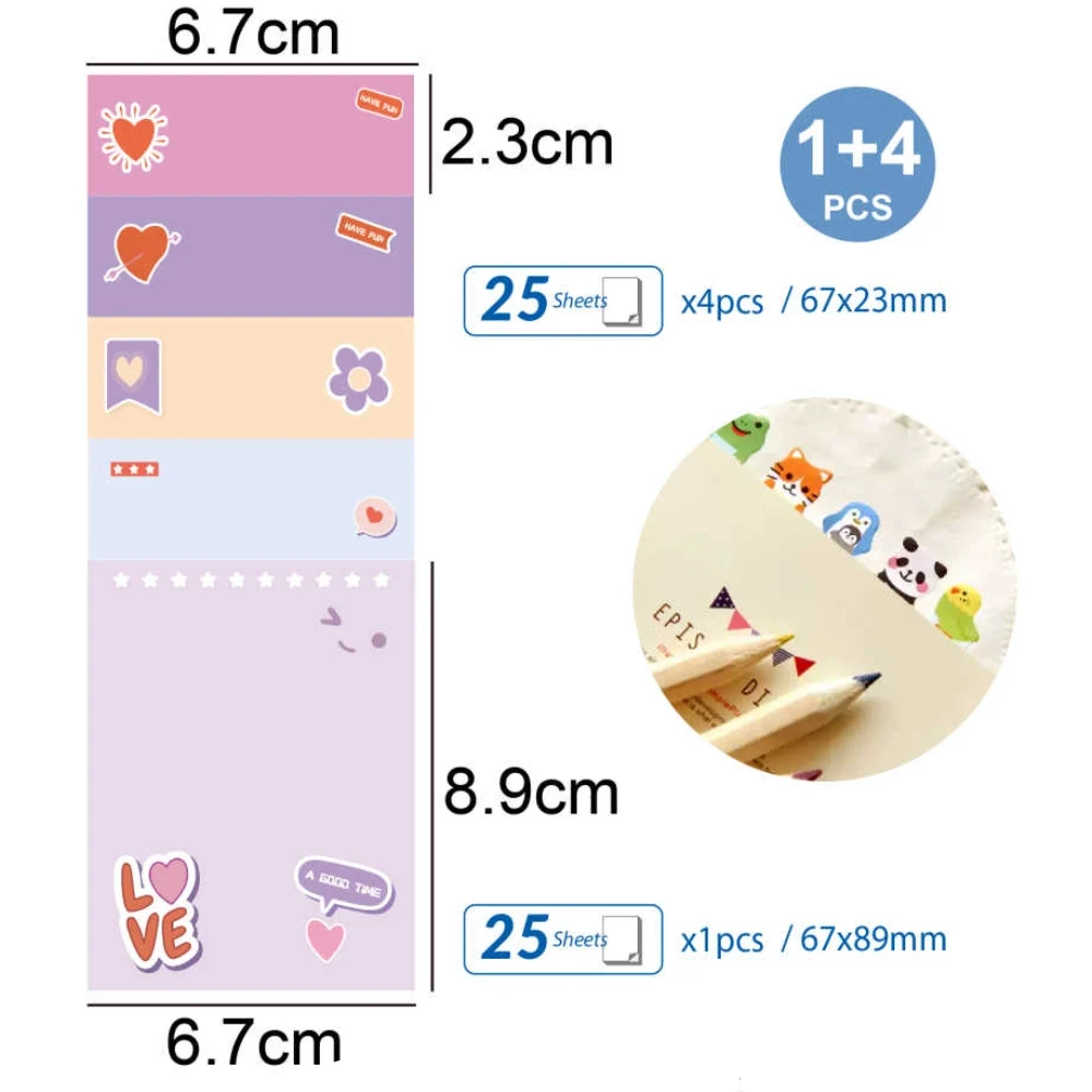 Szív mintás öntapadós jegyzettömb, 4+1 szett, 67x89 mm és 67x23 mm, 25 lap