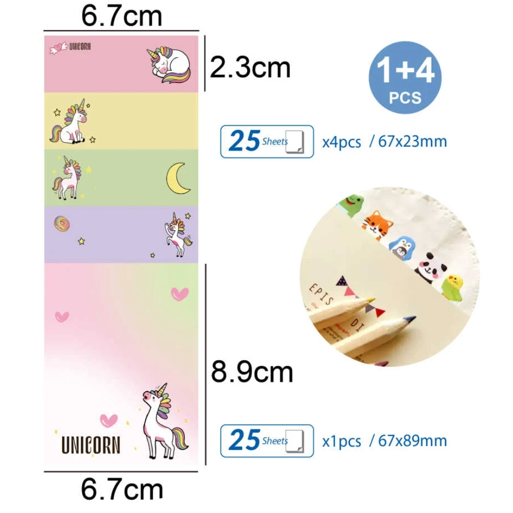 Unikornis mintás öntapadós jegyzettömb szett 4+1, 67x89 mm és 67x23 mm, 25 lap