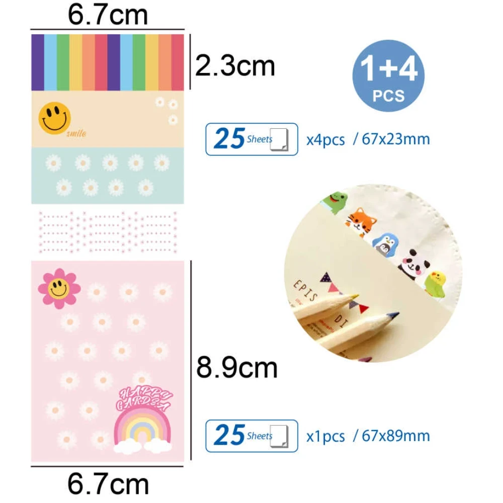 Mosolygós mintás öntapadó jegyzettömb szett 4+1, 67x89 mm és 67x23 mm, 25 lap
