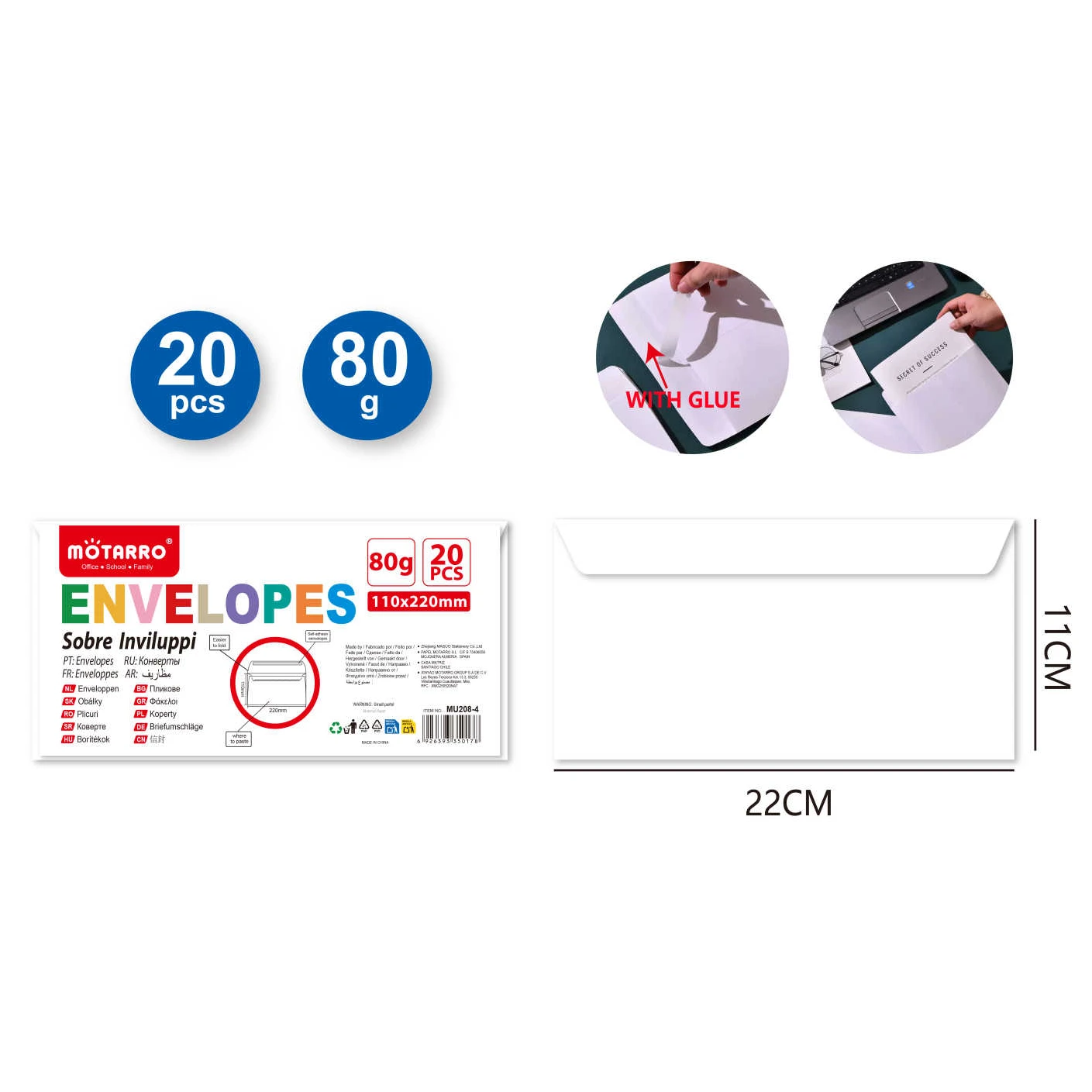 Fehér öntapadós boríték 110×220 mm, 80 g, 20 db