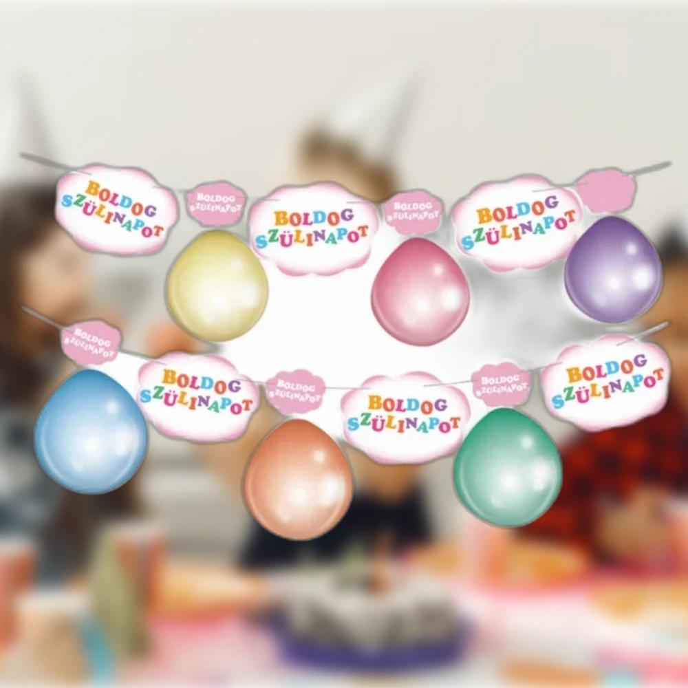 Boldog szülinapot színes betűs születésnapi girland matt lufis díszítéssel, 3 m