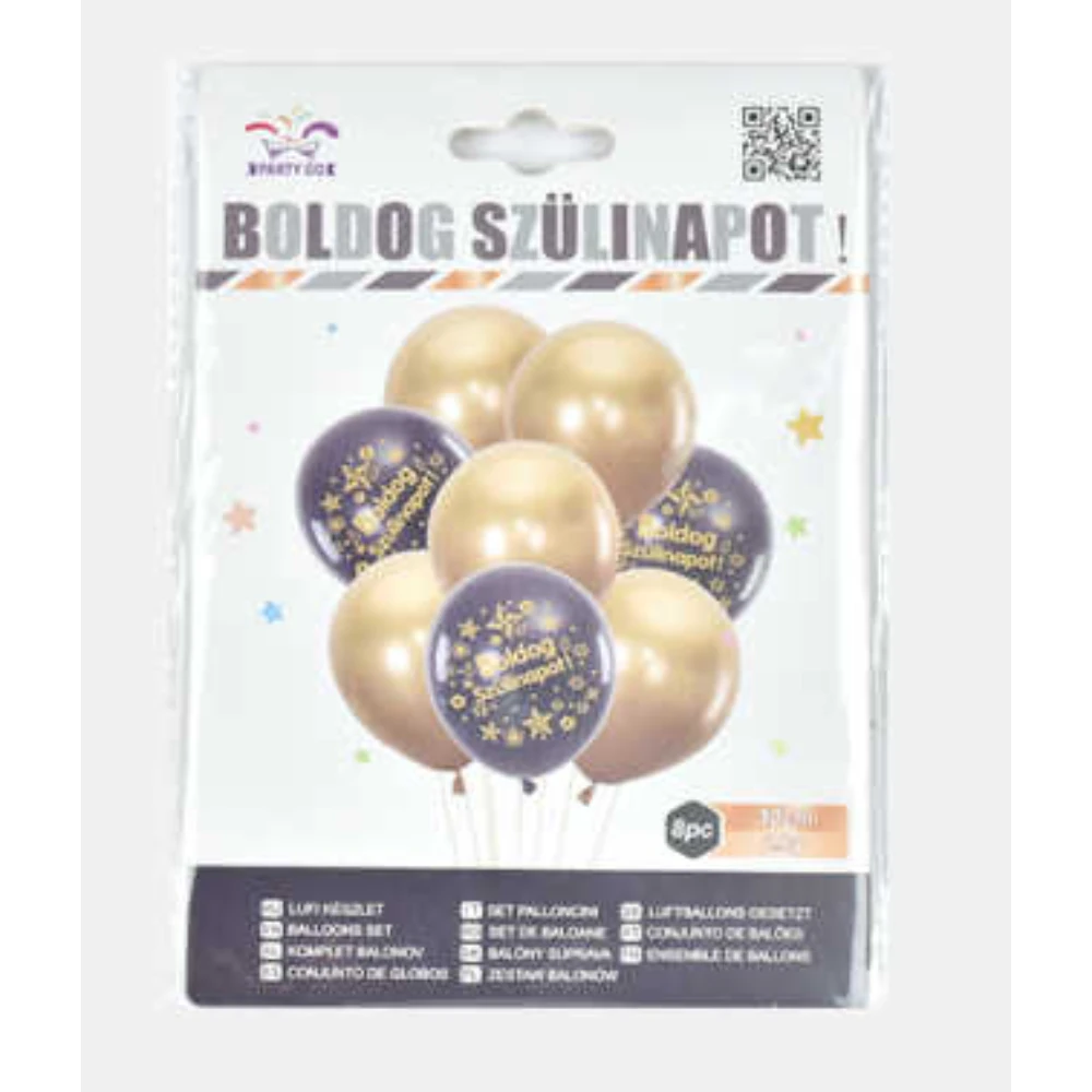 BOLDOG SZÜLINAPOT feliratos fekete-arany lufi szett, 8 db, 30 cm