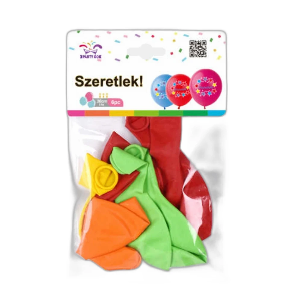 „Szeretlek!” feliratos csillagmintás latex lufi szett, 30 cm, 6 db, vegyes színekben