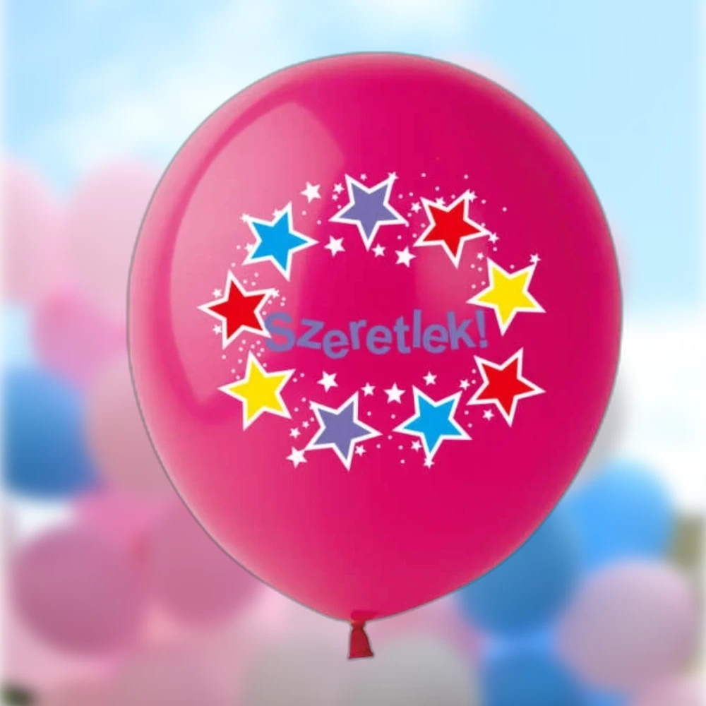 „Szeretlek!” feliratos csillagmintás latex lufi szett, 30 cm, 6 db, vegyes színekben