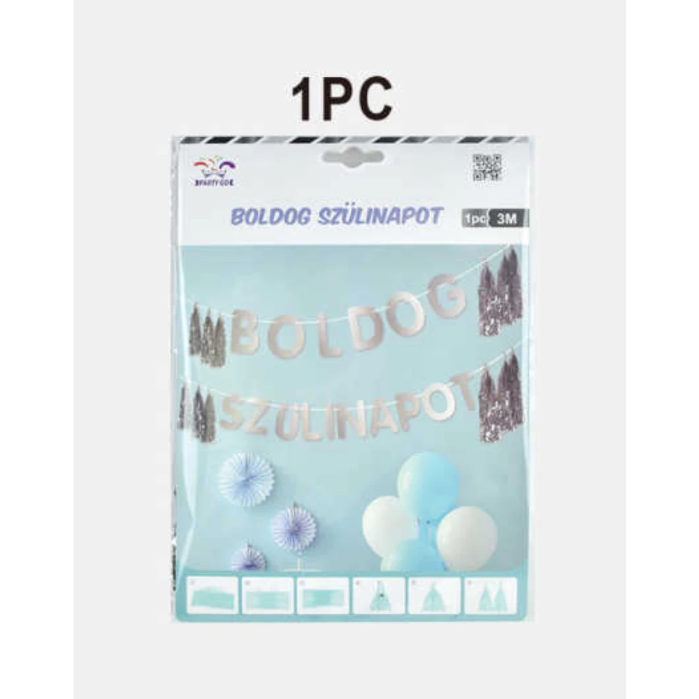 Boldog születésnapot ezüst papír rojtos girland 3 m