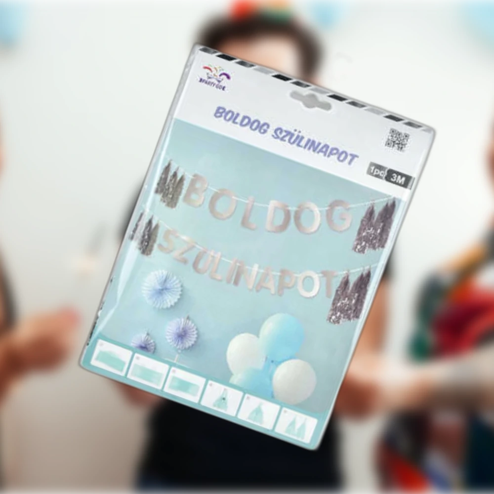 Boldog születésnapot ezüst papír rojtos girland 3 m