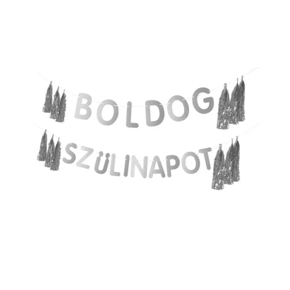 Boldog születésnapot ezüst papír rojtos girland 3 m