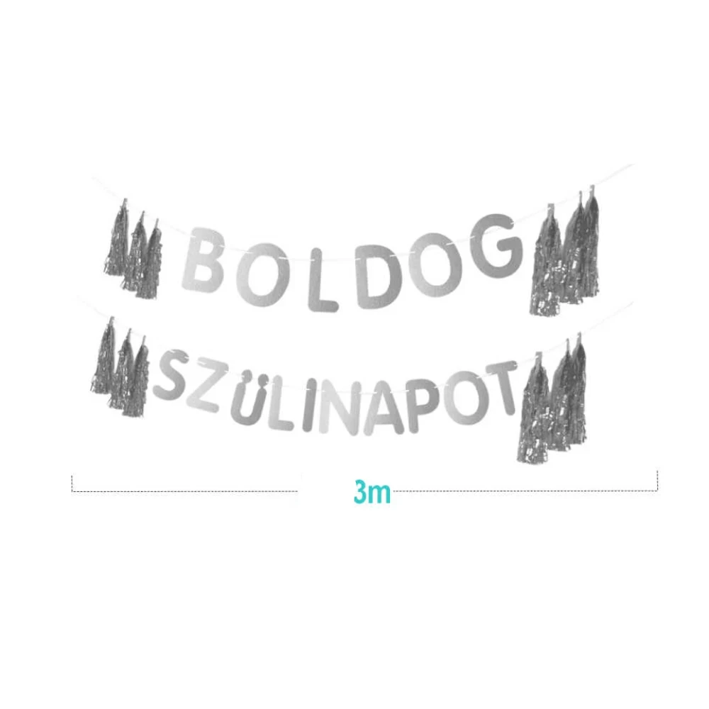 Boldog születésnapot ezüst papír rojtos girland 3 m