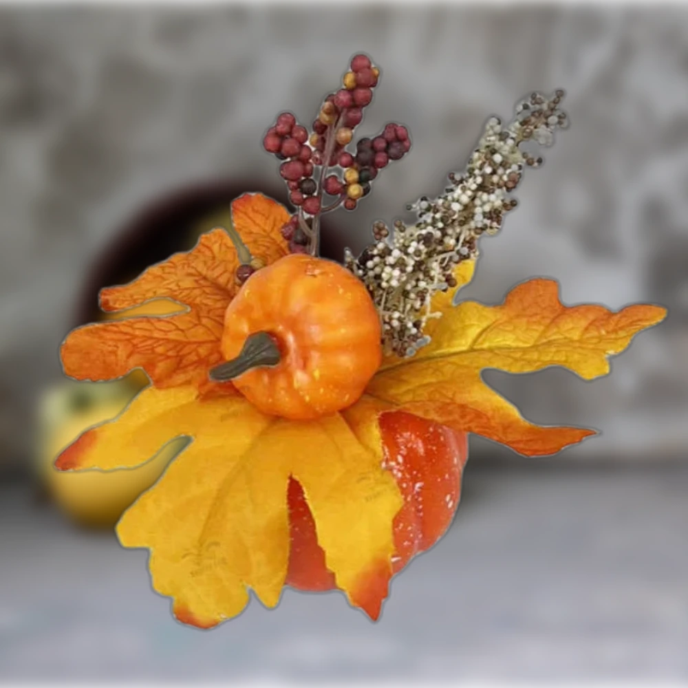 Halloween tökökkel és őszi levelekkel díszített dekoráció 18 cm