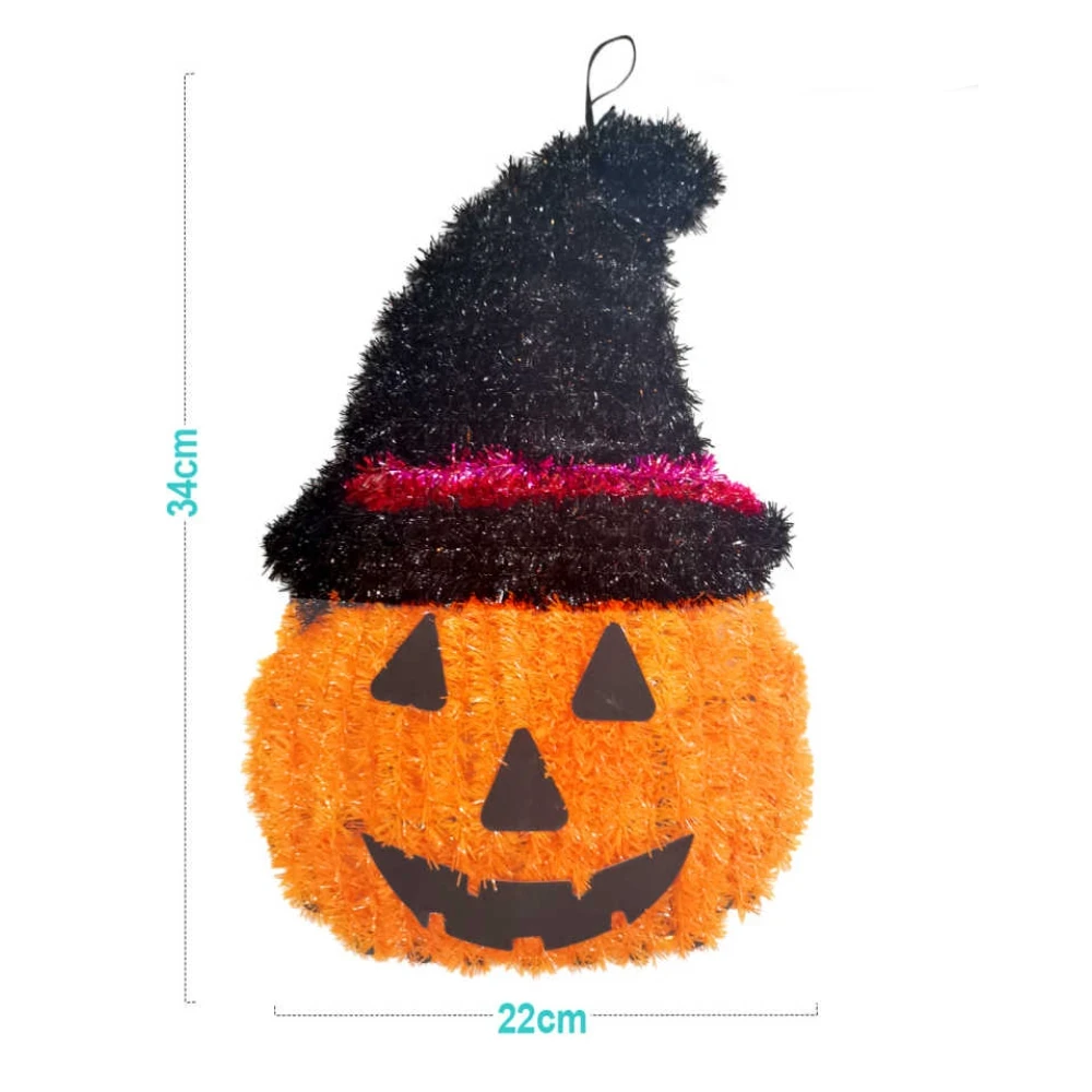 Halloween tök alakú függődísz 1 db, 34 cm, boszorkánykalappal