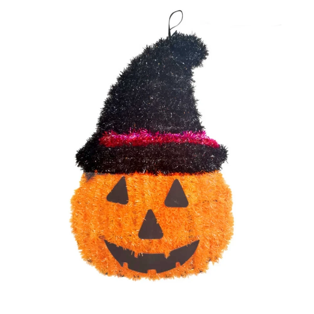 Halloween tök alakú függődísz 1 db, 34 cm, boszorkánykalappal