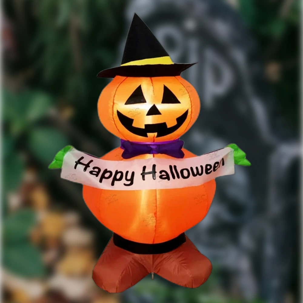 LED-es felfújható Halloween dekoráció – töklámpás rémisztő madárijesztő, 150 cm, 1 db