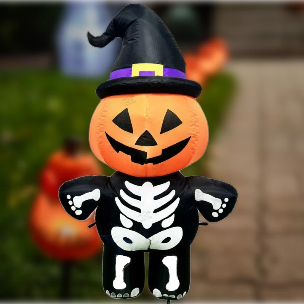 Halloween felfújható LED dekoráció – töklámpás csontváz figura 120 cm, 1 db