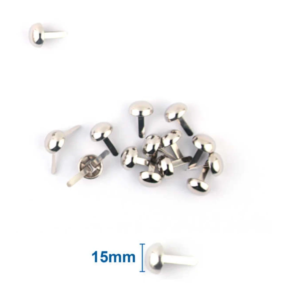 Ezüst színű, kerek fejű kétlábú fém miltonkapocs 15 mm, 15 db