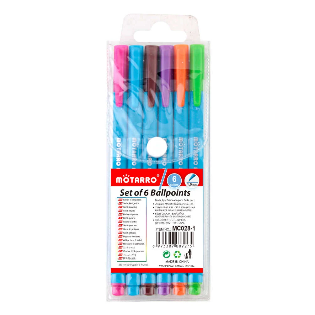 Színes golyóstoll készlet PVC tasakban, 1,0 mm, 6 db, kék testtel