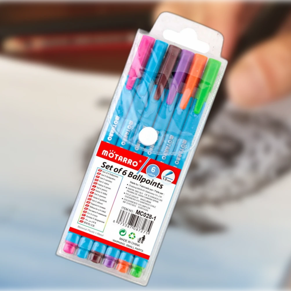 Színes golyóstoll készlet PVC tasakban, 1,0 mm, 6 db, kék testtel