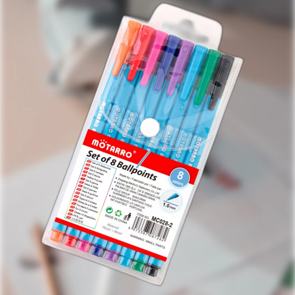 8 darabos színes golyóstoll szett PVC tokban, 1,0 mm, kék testtel