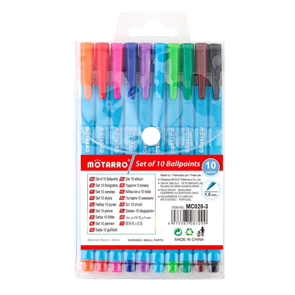 Színes golyóstoll szett PVC tasakban, 1.0 mm, 10 db, kék tolltesttel