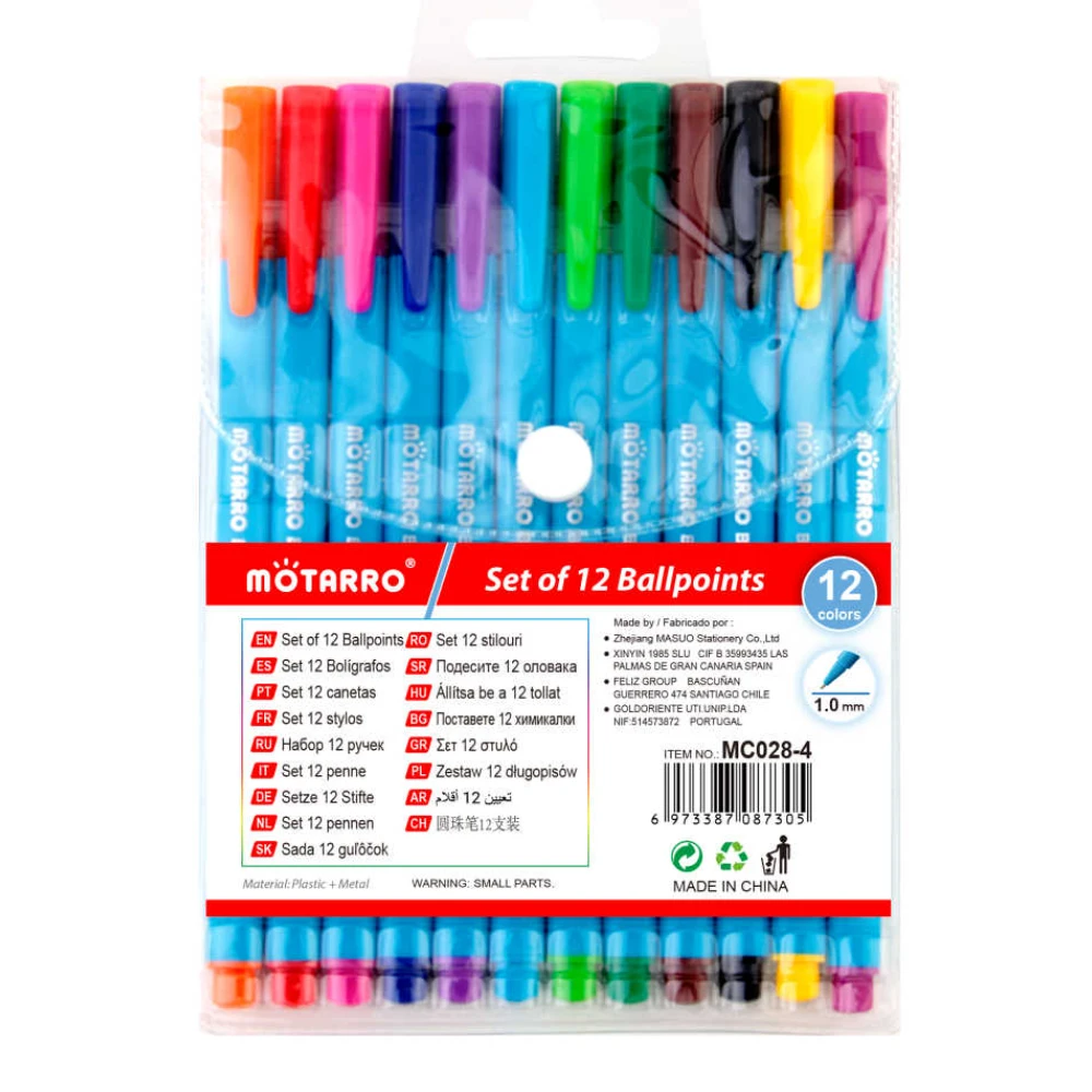 Színes golyóstoll készlet, 12 db, 1,0 mm, PVC tasakban, kék testtel