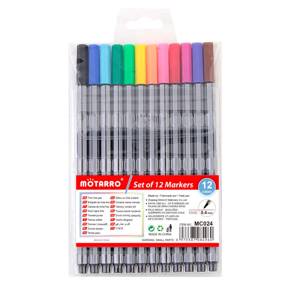 12 darabos tűfilc készlet PVC tokban, 0,4 mm heggyel