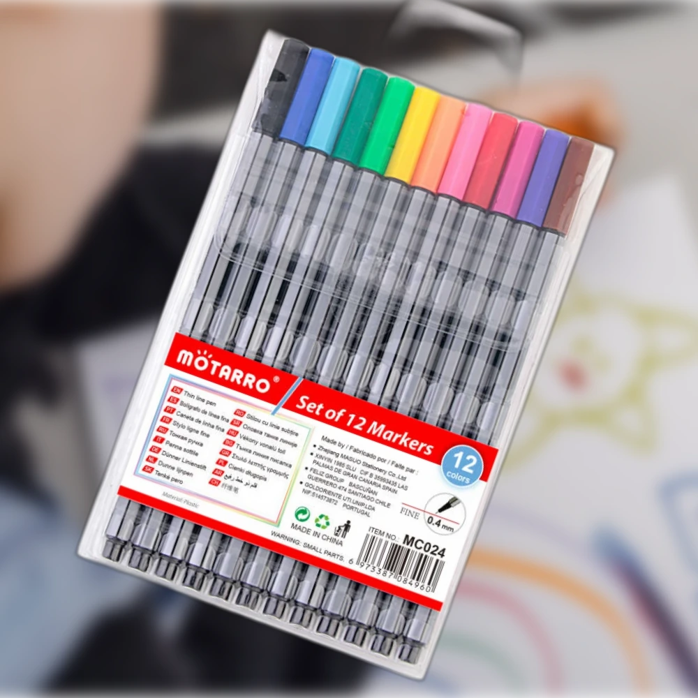 12 darabos tűfilc készlet PVC tokban, 0,4 mm heggyel