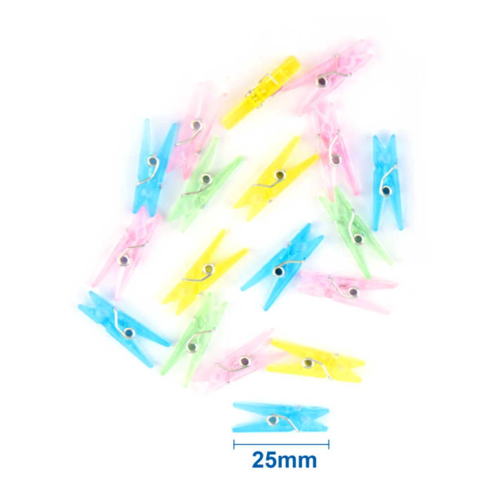 Átlátszó színes műanyag csipesz 25 mm, 20 db