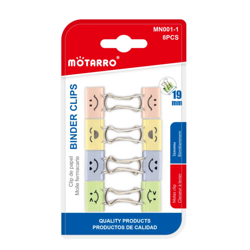 Mosolygós hosszú fém iratcsipesz 19 mm, pasztell színekben, 8 db