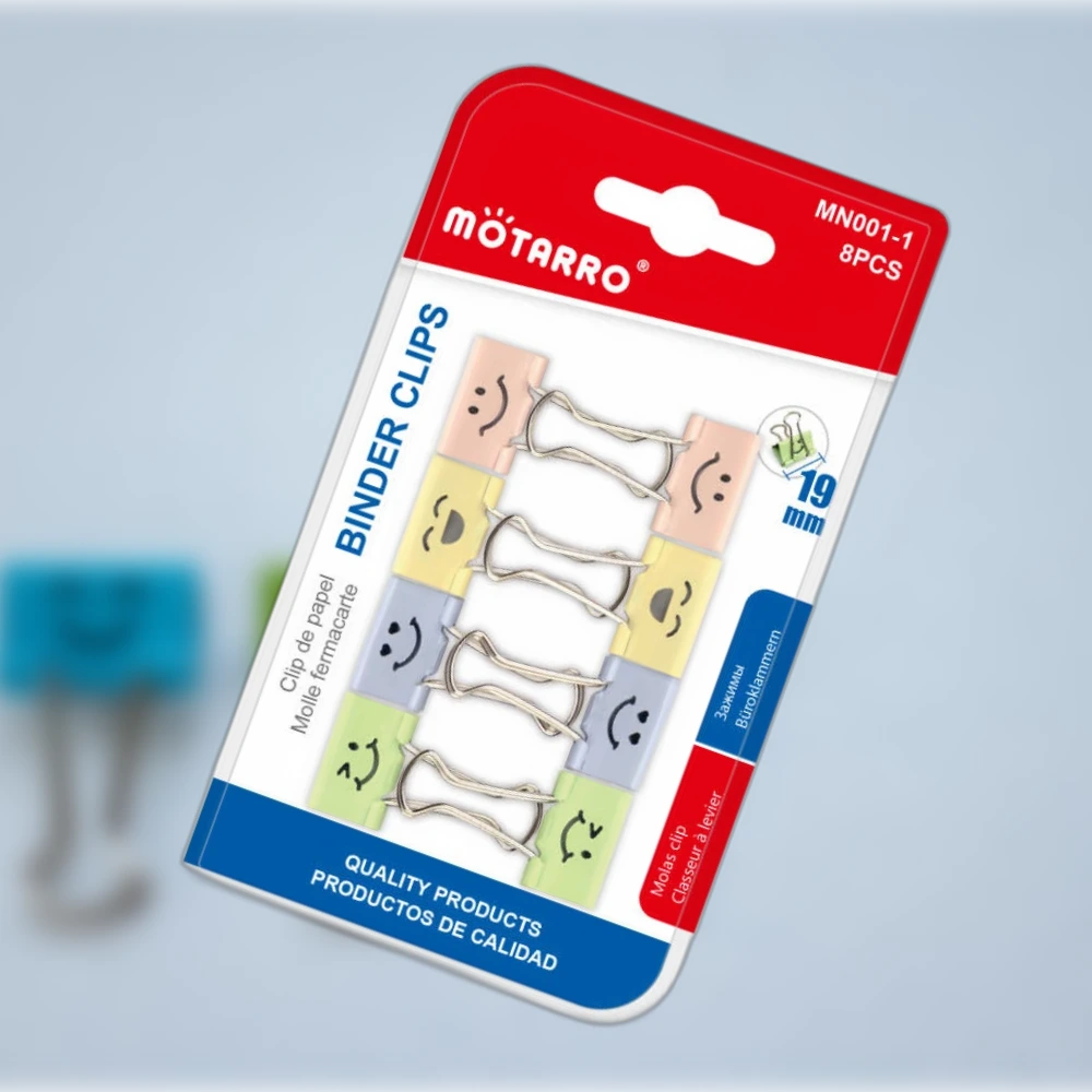 Mosolygós hosszú fém iratcsipesz 19 mm, pasztell színekben, 8 db