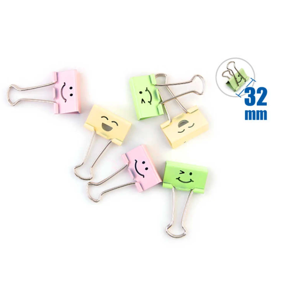Színes mosolygós binder csipesz 32 mm, 6 db – hosszú szárú iratrögzítő csipesz