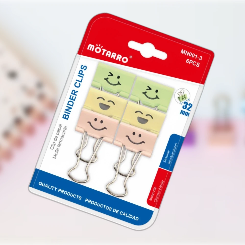 Színes mosolygós binder csipesz 32 mm, 6 db – hosszú szárú iratrögzítő csipesz