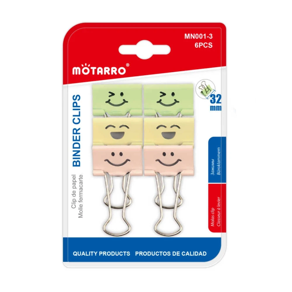 Színes mosolygós binder csipesz 32 mm, 6 db – hosszú szárú iratrögzítő csipesz