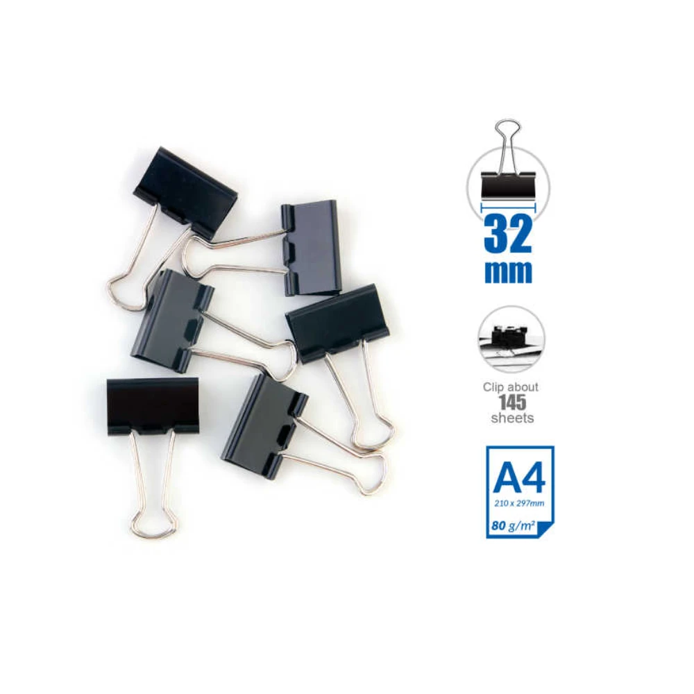 Fekete hosszúcsipeszes iratcsipesz 32 mm, 6 db