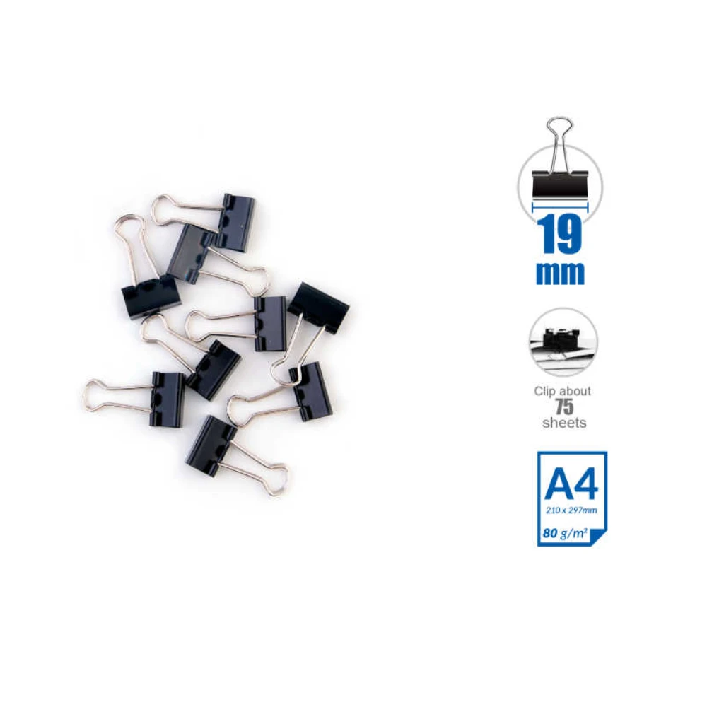 Fekete hosszúcsipeszes iratkapocs 19 mm, 10 db/csomag