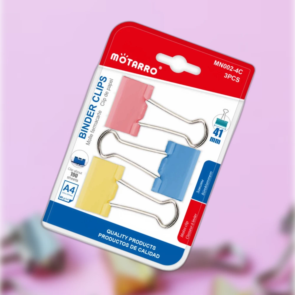 Színes hosszúfülű iratcsipesz 41 mm, 3 db – rózsaszín, kék, sárga