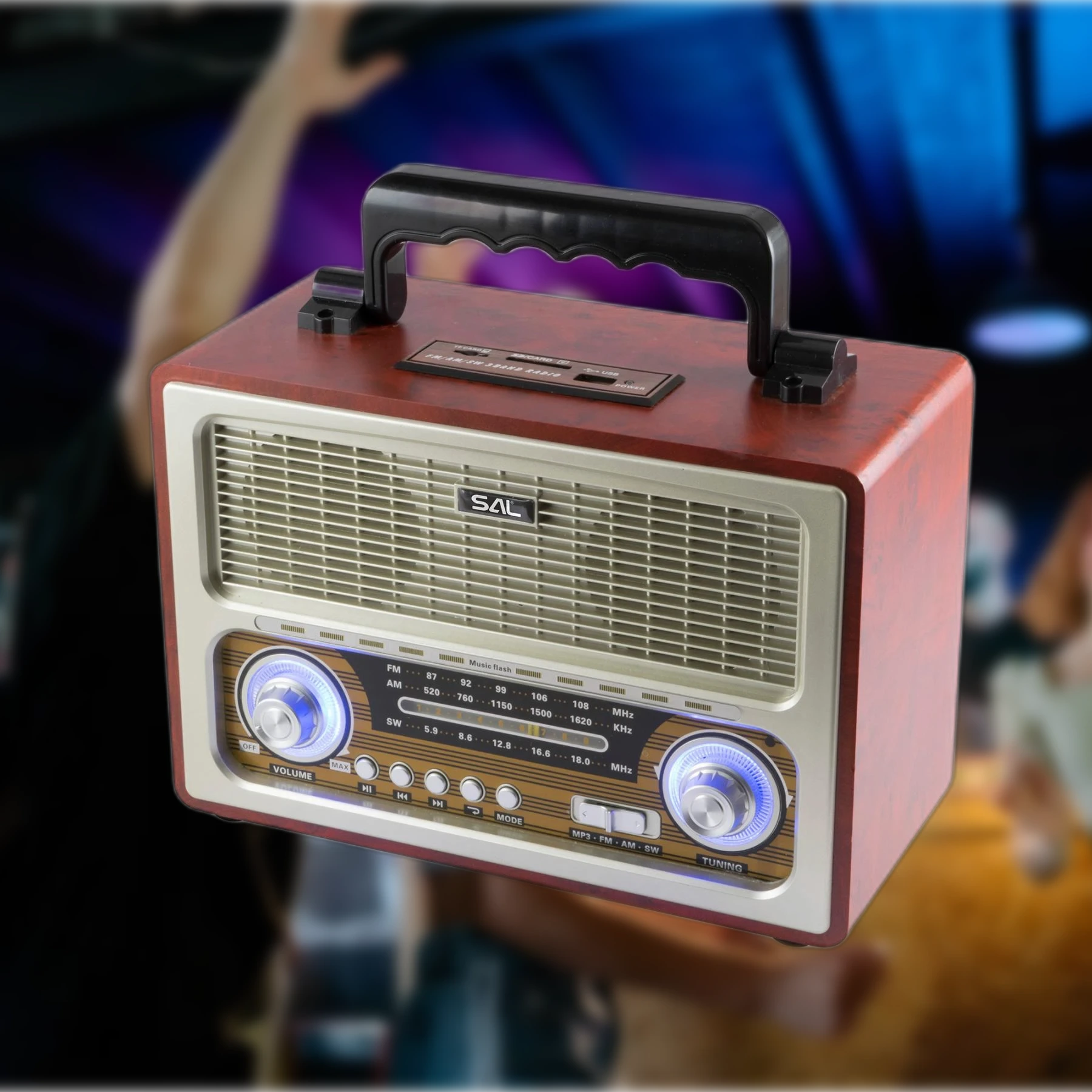 Retro táskarádió, stereo multimédia lejátszó, BT, USB/microSD, AUX, 3-sávos rádió, hálózati/elemes