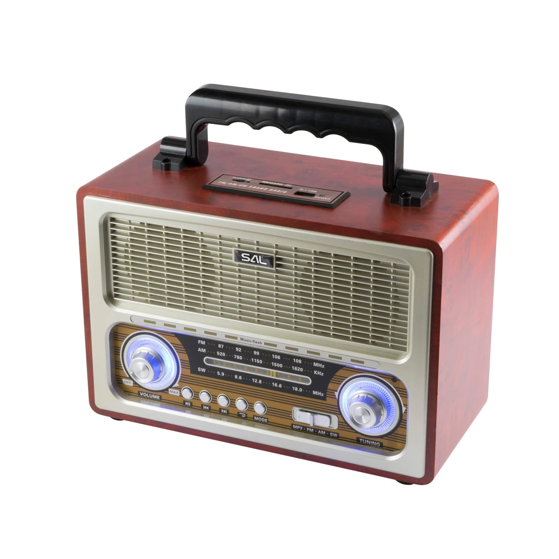 Retro táskarádió, stereo multimédia lejátszó, BT, USB/microSD, AUX, 3-sávos rádió, hálózati/elemes