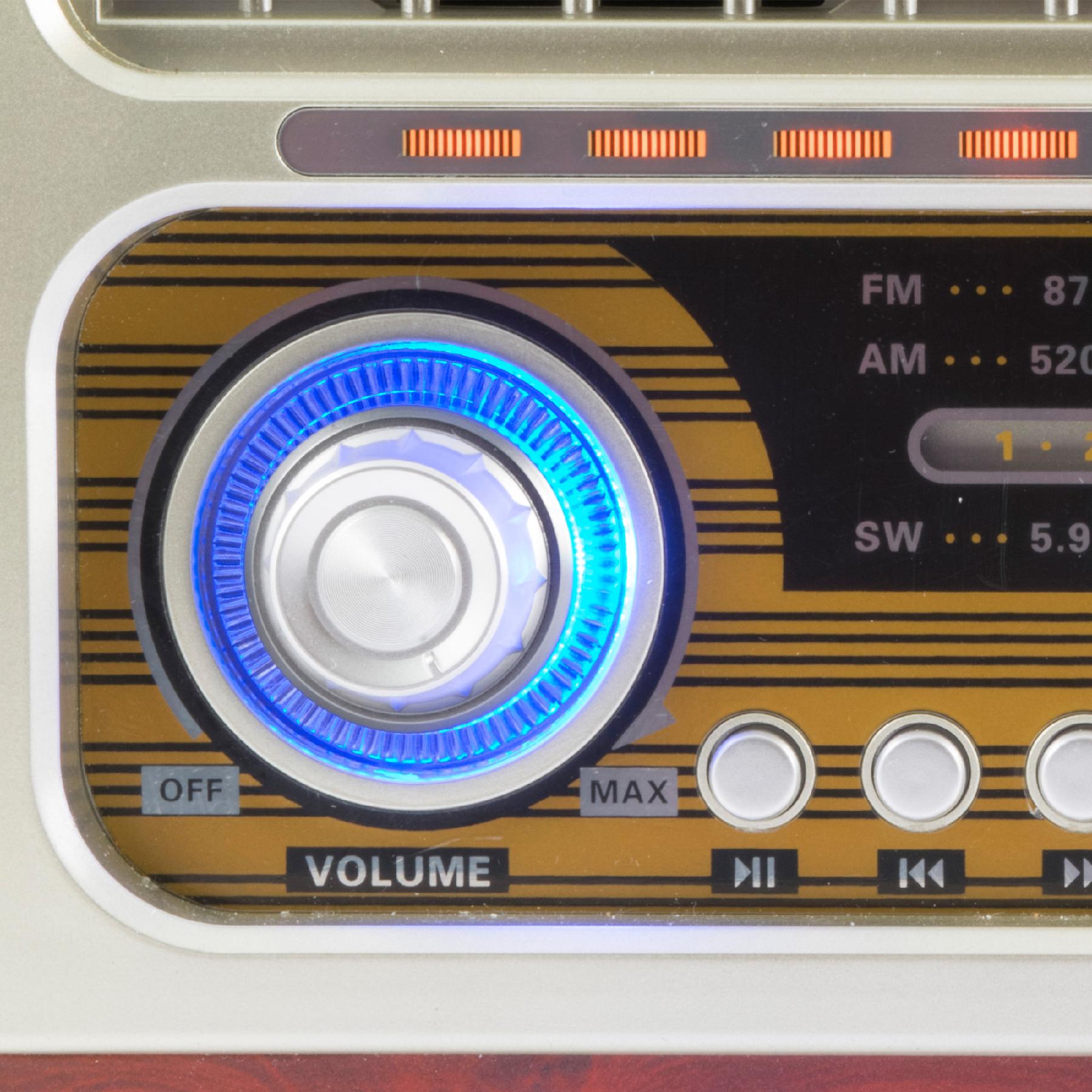 Retro táskarádió, stereo multimédia lejátszó, BT, USB/microSD, AUX, 3-sávos rádió, hálózati/elemes