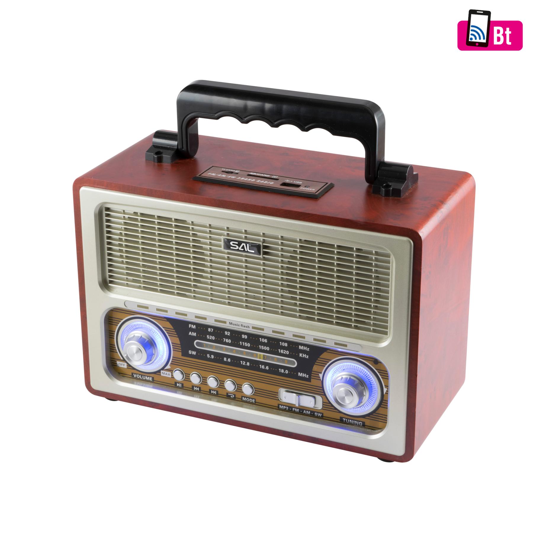 Retro táskarádió, stereo multimédia lejátszó, BT, USB/microSD, AUX, 3-sávos rádió, hálózati/elemes