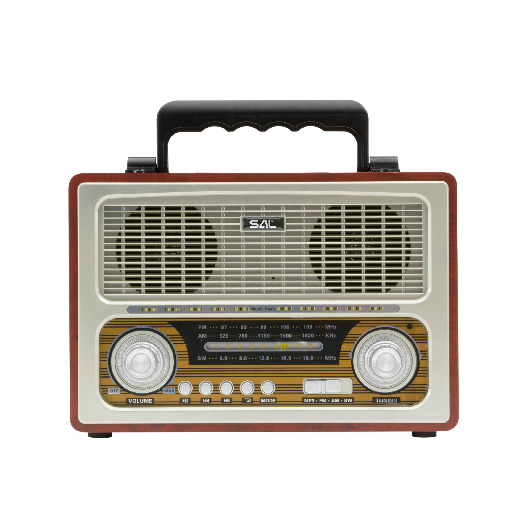 Retro táskarádió, stereo multimédia lejátszó, BT, USB/microSD, AUX, 3-sávos rádió, hálózati/elemes