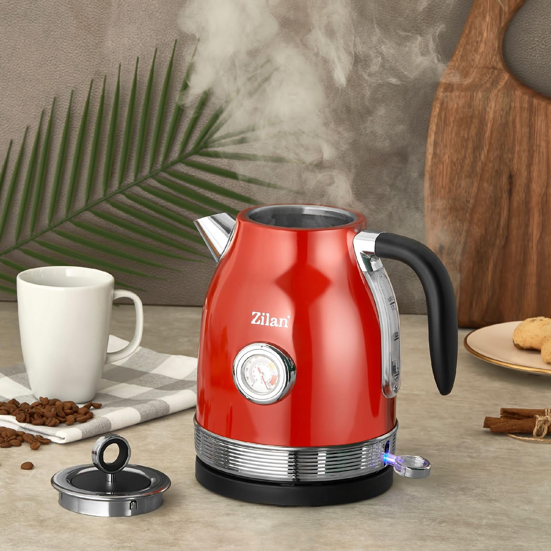 Retró vízforraló, 2200 W, 1,7 liter, hőmérsékletkijelzés, 360°-ban forgatható, piros