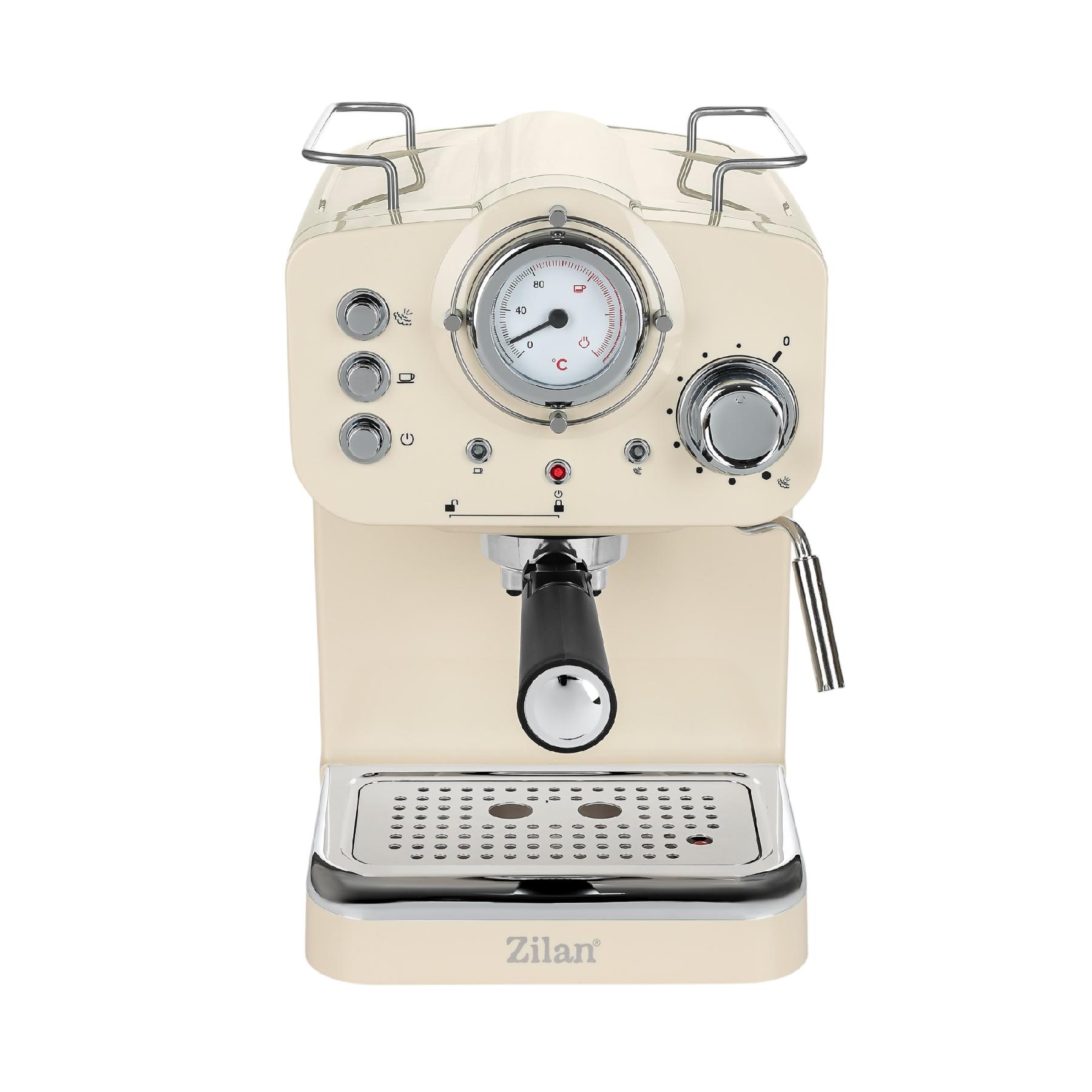 Retró eszpresszó kávéfőző, 1100 W, 15 bar, 1,25 liter kapacitás, tejhabosító, bézs