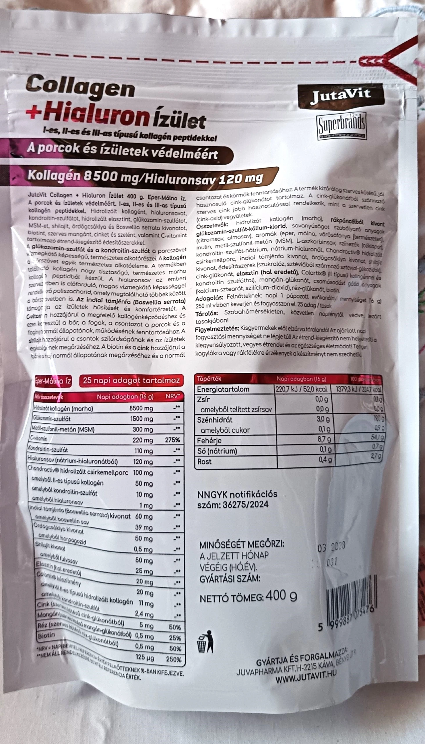 Jutavit collagen+hialuron ízület eper-málna ízű kollagén por 400 g