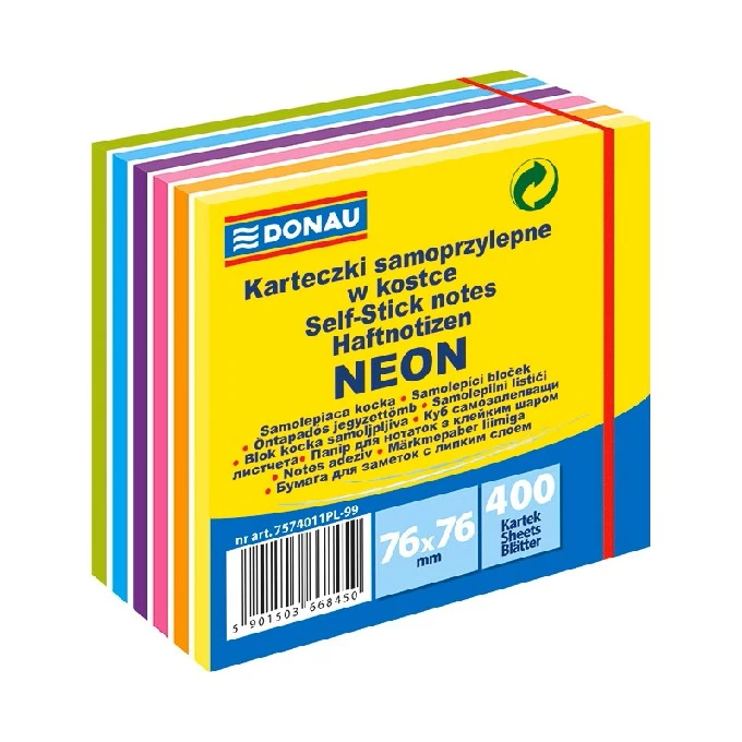 Öntapadós jegyzettömb DONAU 76x76 mm 400 lap vegyes neon színek 11 rétegű