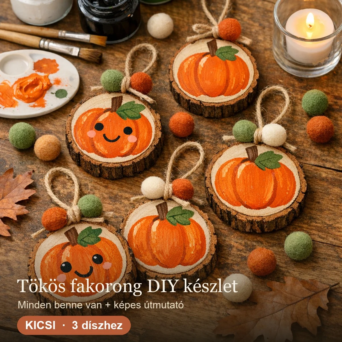 Tökös fakorong DIY készlet – Kicsi (3 díszhez)