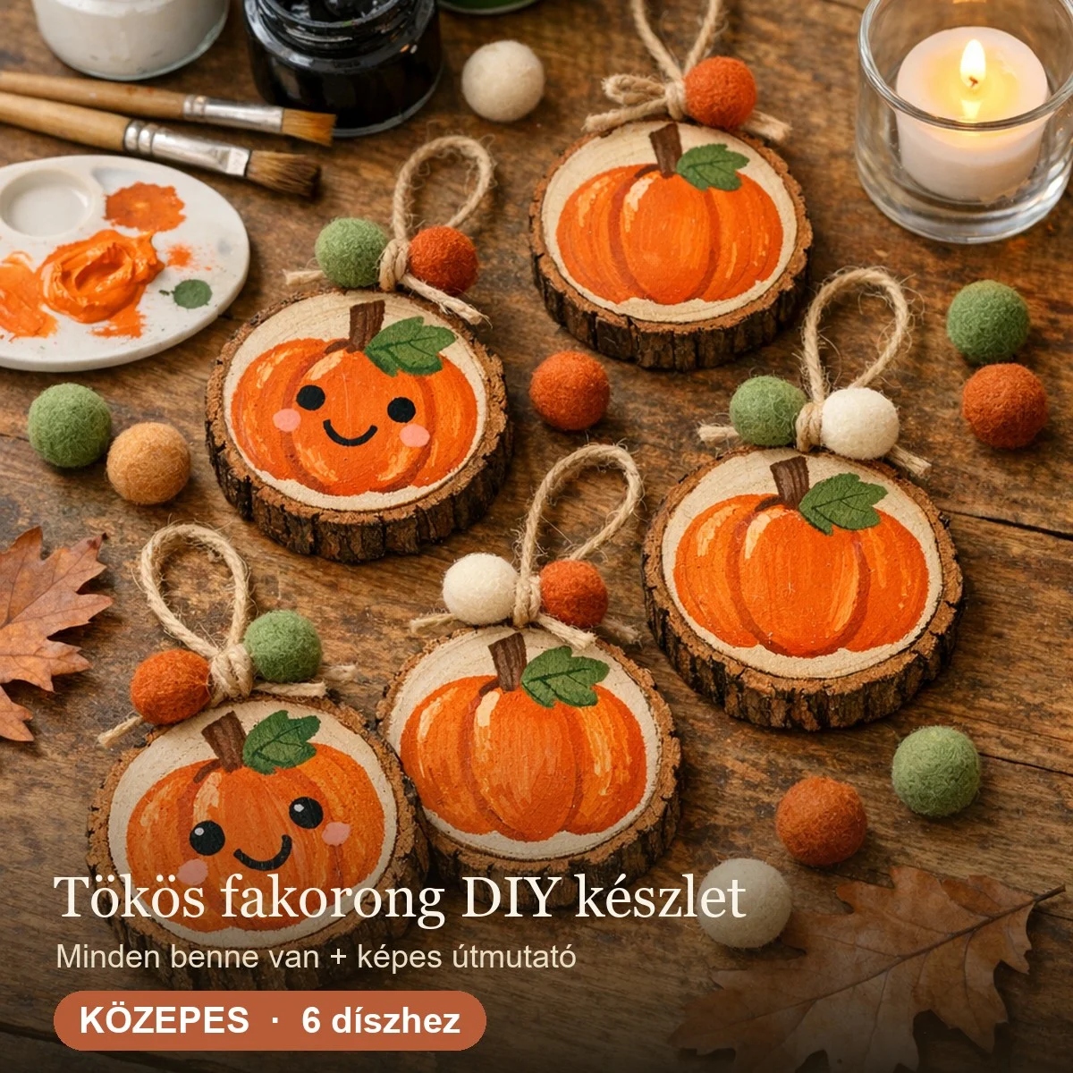 Tökös fakorong DIY készlet – Közepes (6 díszhez)